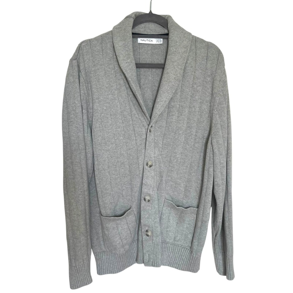 Nautica Mens XL Shawl‎ Collar Cardigan Sweater Gray Ribbed Cotton Button Front